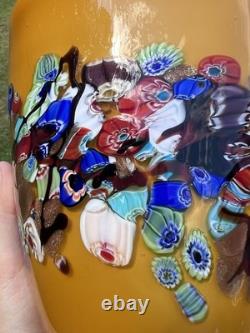 Vtg Murano Style Amber Millefiori Art Glass Vase Aventurine Hand Blown Heavy