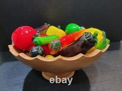 Vtg Murano Style Hand Blown Art Glass Fruit & Vegetables Lot Of 18 + Wood Bowl
