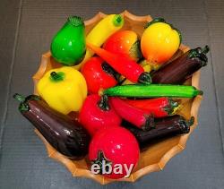 Vtg Murano Style Hand Blown Art Glass Fruit & Vegetables Lot Of 18 + Wood Bowl