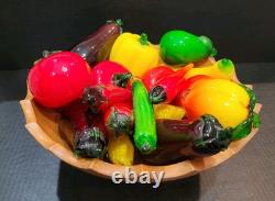 Vtg Murano Style Hand Blown Art Glass Fruit & Vegetables Lot Of 18 + Wood Bowl