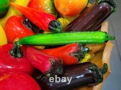 Vtg Murano Style Hand Blown Art Glass Fruit & Vegetables Lot Of 18 + Wood Bowl