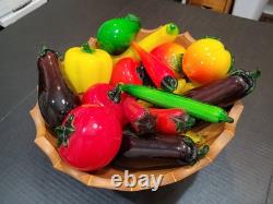 Vtg Murano Style Hand Blown Art Glass Fruit & Vegetables Lot Of 18 + Wood Bowl