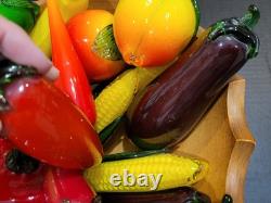 Vtg Murano Style Hand Blown Art Glass Fruit & Vegetables Lot Of 18 + Wood Bowl