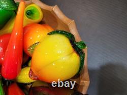 Vtg Murano Style Hand Blown Art Glass Fruit & Vegetables Lot Of 18 + Wood Bowl