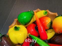 Vtg Murano Style Hand Blown Art Glass Fruit & Vegetables Lot Of 18 + Wood Bowl
