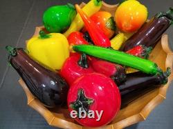 Vtg Murano Style Hand Blown Art Glass Fruit & Vegetables Lot Of 18 + Wood Bowl