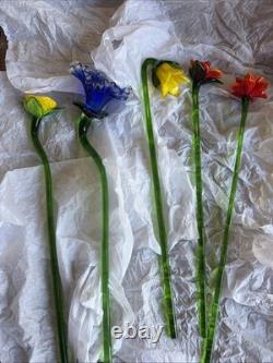 Vtg Murano Style Lot 5 Hand Blown Art Glass Long Stem Flower Bouquet 19-20