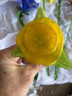 Vtg Murano Style Lot 5 Hand Blown Art Glass Long Stem Flower Bouquet 19-20