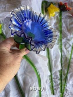 Vtg Murano Style Lot 5 Hand Blown Art Glass Long Stem Flower Bouquet 19-20