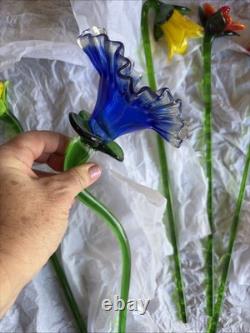 Vtg Murano Style Lot 5 Hand Blown Art Glass Long Stem Flower Bouquet 19-20
