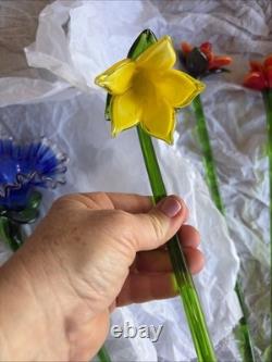 Vtg Murano Style Lot 5 Hand Blown Art Glass Long Stem Flower Bouquet 19-20