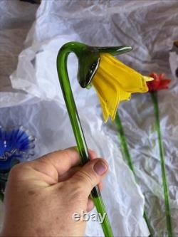 Vtg Murano Style Lot 5 Hand Blown Art Glass Long Stem Flower Bouquet 19-20