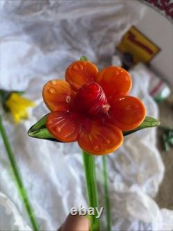 Vtg Murano Style Lot 5 Hand Blown Art Glass Long Stem Flower Bouquet 19-20
