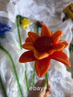 Vtg Murano Style Lot 5 Hand Blown Art Glass Long Stem Flower Bouquet 19-20