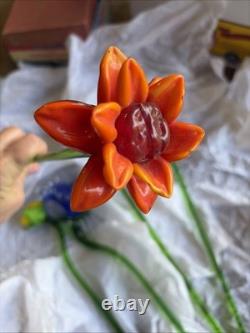 Vtg Murano Style Lot 5 Hand Blown Art Glass Long Stem Flower Bouquet 19-20