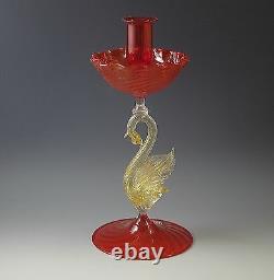 Vtg Venetian Glass G Ferro Murano Candle Holder Gold Swan Bobeche Orig. Label