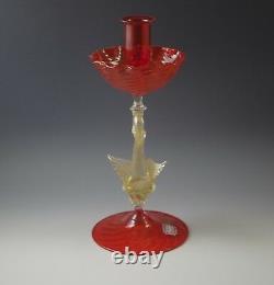 Vtg Venetian Glass G Ferro Murano Candle Holder Gold Swan Bobeche Orig. Label