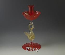 Vtg Venetian Glass G Ferro Murano Candle Holder Gold Swan Bobeche Orig. Label