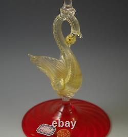 Vtg Venetian Glass G Ferro Murano Candle Holder Gold Swan Bobeche Orig. Label