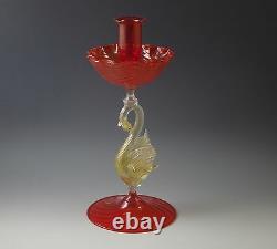 Vtg Venetian Glass G Ferro Murano Candle Holder Gold Swan Bobeche Orig. Label