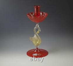 Vtg Venetian Glass G Ferro Murano Candle Holder Gold Swan Bobeche Orig. Label
