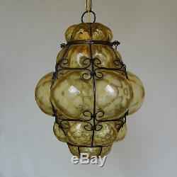 Vtg Venetian Murano Hand Blown Caged Glass Lantern Hanging Ceiling Light Lamp