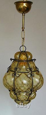 Vtg Venetian Murano Hand Blown Caged Glass Lantern Hanging Ceiling Light Lamp