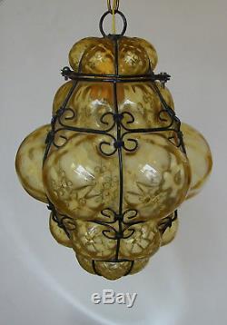 Vtg Venetian Murano Hand Blown Caged Glass Lantern Hanging Ceiling Light Lamp