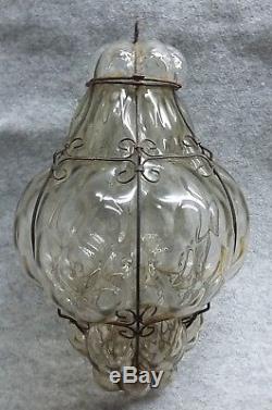 Wirework & Hand Blown Bubble Clear Glass Caged Lantern Light Shade Seguso Murano