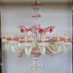 XXL Majestical 12 ARMS murano Venetian pink glass hand blown Chandelier 1960's