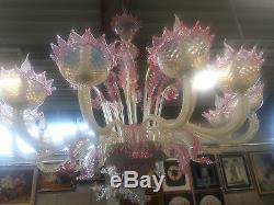 XXL Majestical 12 ARMS murano Venetian pink glass hand blown Chandelier 1960's