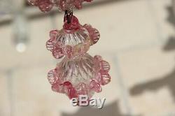 XXL Mid century MURANO handblown pink clear glass chandelier 6 arms 1970