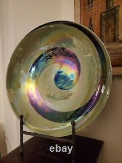 Yalos Casa Murano Art Glass Centerpiece Bowl Green Iridescent Swirl 16.5