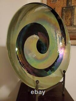 Yalos Casa Murano Art Glass Centerpiece Bowl Green Iridescent Swirl 16.5