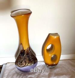 Yellow hand blown murano glass vase with purple & bronze 2 vases